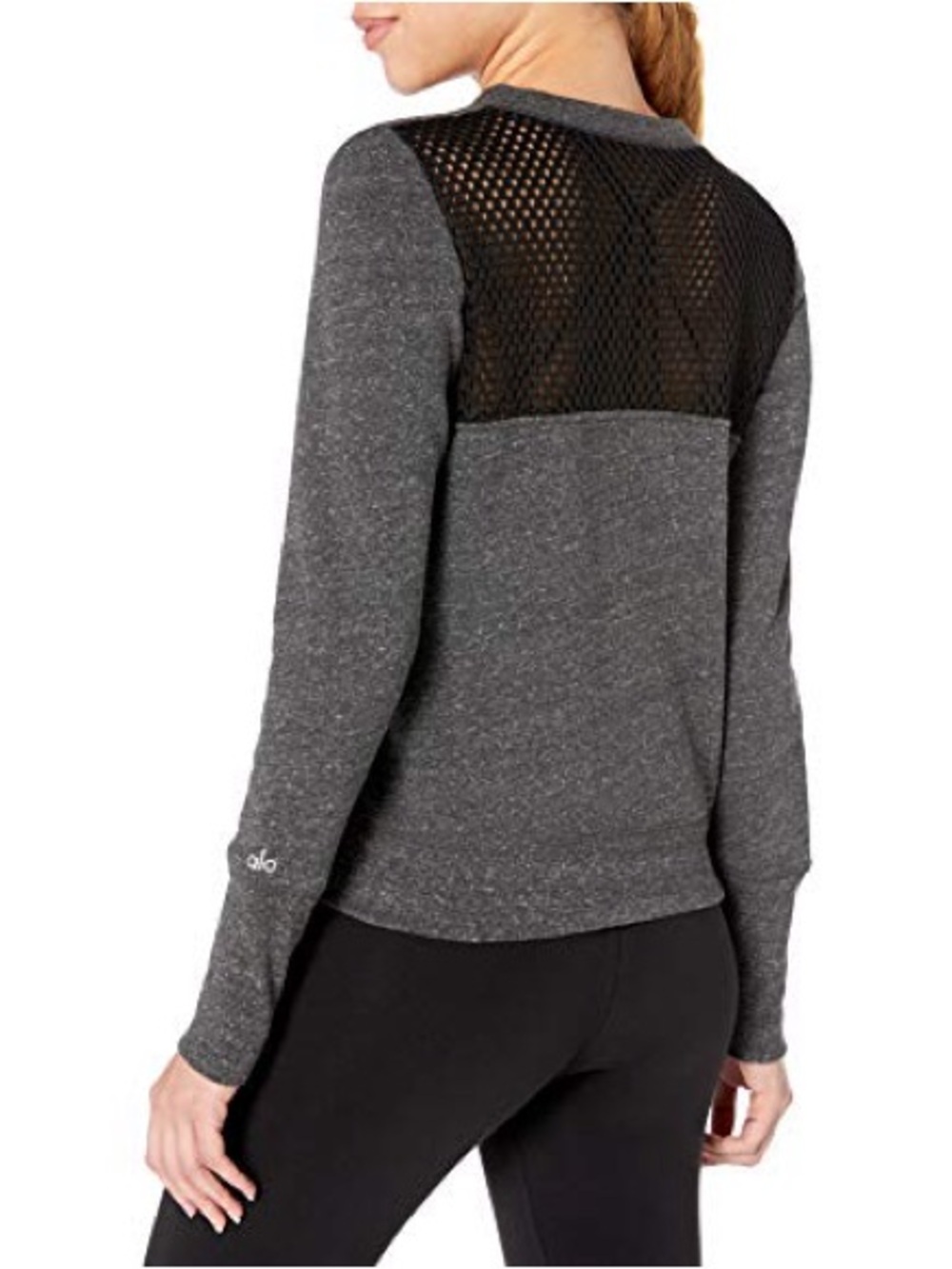 ALO Yoga Women's Charcoal Gray Crewneck Sweater with Black Mesh Back